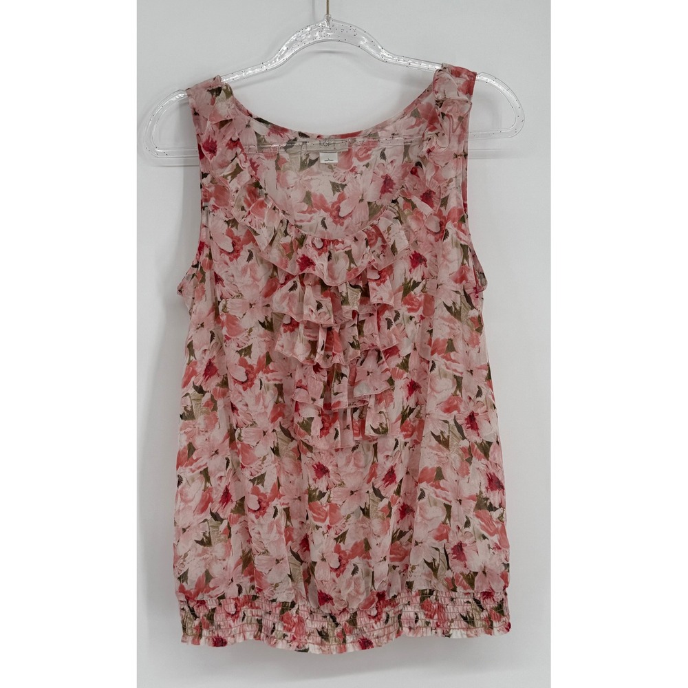 Loft Women Pink Floral Ruffle Front Smocked Hem Sleeveless Blouse Size L
